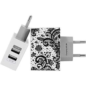 Gocase Black Lace Wall Charger | Dual USB-oplader | Compatibel met iPhone 11 Pro Max XS Max X XR Samsung S10 + Huawei P30 P20 LG Sony | Voeding wit 1 A / 2.1 A