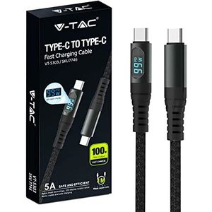 V-TAC USB-C naar USB-C kabel met LED-display, type-C-kabel, 100 W, PD 5A, 1 meter, kabel voor smartphone, computer tablet van nylon voor snel opladen en gegevensoverdracht, compatibel met iPhone en
