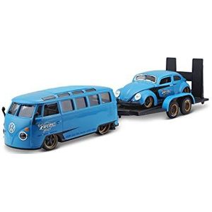 Maisto 32752-0000063 Design Elite Transporter Volkswagen Van Samba + Volkswagen Beetle: modeltransporter met aanhanger, 2 modelauto's, deuren om te openen, schaal 1:24, 43 cm, blauw (532752), 532751