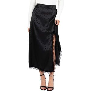 Lovedrobe Midaxi Skirt Dames Satijn Lace Trim Split Hemline Polka Dot Spot Print A-lijn Gelegenheid Evening Party Cocktail, Zwart 52, Zwart, 50
