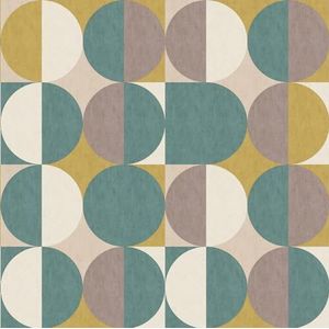 Rasch Behang 363999 - Fotobehang op vlies met cirkelpatroon in petrol, geel, bruin en beige uit de collectie Magicwalls - 2,65 m x 2,65 m (l x b)