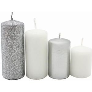 Stompkaarsen in lagen, adventskaarsen, adventskranskaarsen, in zilver en wit, 4 maten - H 5-10 cm, diameter elk 4 cm, 280 gr