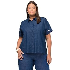 Ulla Popken, Dames, grote maten, nep-tencel shirt blouse, Denim Blauw, 50/52 NL