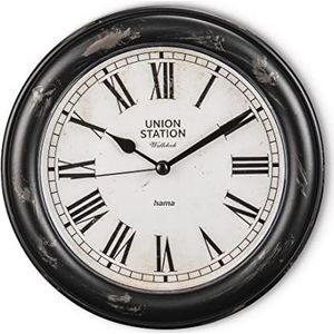 Hama Urban Vintage wandklok analoog (stille uurwerk, kwarts, witte wijzerplaat, batterijbestendig, diameter 22 cm) zwart/wit