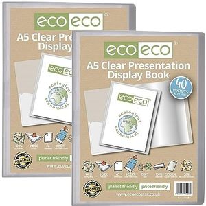 eco-eco A5 formaat 50 procent gerecycled 40 Pocket Clear Presentatie Display Book, Opbergkoffer Portfolio Art Folder met Plastic Mouwen, Pack van 2, eco128x2