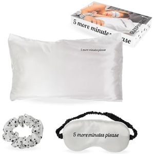 Fisura – Slaapset ""5 more minutes”: satijnen kussensloop 50x70 cm, zachte scrunchie en slaapmasker. Origineel cadeau voor vrouwen die comfort waarderen.