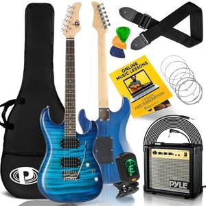 Electric Guitar and Amp Kit - Full Size Instrument w/Humbucker Pickups Bundle Beginner Starter Package Includes Amplifier, Case, Strap, Tuner, Pick, Strings, Cable, Tremolo - (Blue)