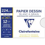 Clairefontaine 96156C map tekenpapier (224 g, 21 x 29,7 cm, 12 vellen, ideaal voor kunstlessen, gelijmd) wit