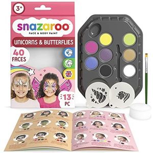 Snazaroo 1172181 ""Unicorn"" make-up set, huidvriendelijke gezichtsmake-up op waterbasis - 7 make-up kleuren, 1 make-up kwast, 1 spons, 2 sjablonen