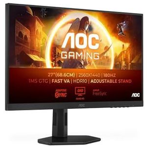 AOC Gaming Q27G4XD - 27 inch QHD Monitor, 180 Hz, 1 ms, FreeSync. Prem., G-Sync comp., HDR400 (2560x1420, HDMI 2.0, DisplyPort 1.4, USB Hub) zwart