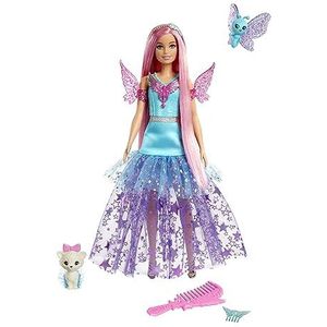 Barbie Pop met 2 Sprookjesdierenvriendjes en jurk met vleugels, Barbie 'Malibu' pop uit Barbie A Touch of Magic, fantasiehaar van ongeveer 18 cm lang, HLC32