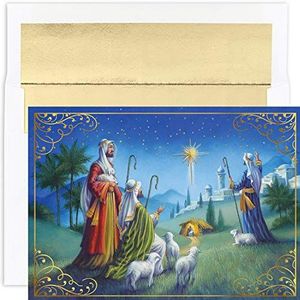 Masterpiece Studios Holiday Brights Collection 16-Count Boxed Religieuze Kerstkaarten met Enveloppen, 19,8 cm x 14,2 cm, herders horloge (911100)