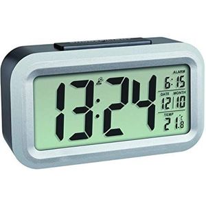 TFA Dostmann zendergestuurde wekker LUMIO PLUS, 60.2553.01, groot LCD display, weergave van datum en binnentemperatuur, wekalarm met snooze functie, automatische achtergrondverlichting, zwart/zilver