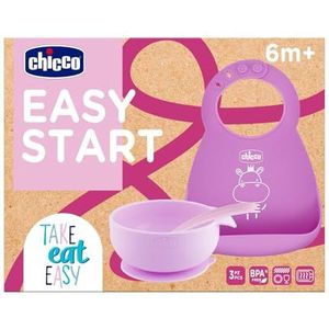 Chicco Siliconen F Babyvoedingsset Antislip, BPA-vrij, 3-delige bijvoedingset bestaande uit Stevige Easy Roll slab, Easy Bowl met zuignap en lepel, 6M+, Roze