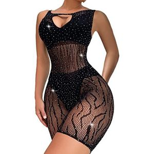 Ella Lust Sexy Sparkly Strass Bodysuit - Rave Outfits Mesh Fishnet Romper Bodycon One Piece Lingerie Jumpsuit, Zwart -, one size