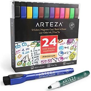 Arteza Magnetische whiteboard-stiften met wisser, Set van 24 whiteboard-markers (met fijne punt), Vrijwel reukloze, uitwisbare inkt in 12 kleuren, Whiteboard-pennen voor school, kantoor of thuis