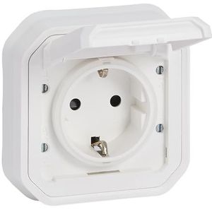 LEGRAND, Plexo 069868L Opzetstuk voor vochtige ruimtes, Schuko-standaard, incl. klapdeksel, aanraakbeveiliging, installatie met spreidklauwen en schroefklemmen, 16 A, 250 V, IP44 - IK07, ultrawit