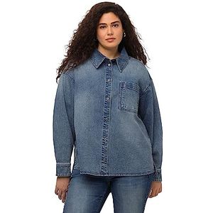Ulla Popken Dames jeanshemd, oversized, hemdkraag, lange mouwen, indoorjassen, Denim Blauw, 50-52 grote maten