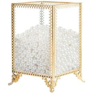 PuTwo Make-up borstelhouder van glas en messing, vintage stijl, handgemaakt, met witte kralen, voor commode, kaptafel, werkblad, make-up organizer, goud