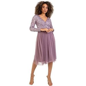 Maya Deluxe Elegante midi-jurk voor dames, bruiloft, mouwen, diepe V-hals, pailletten, cocktailjurk, afstudeerbal, bruidsmeisjesjurk, bruidsmeisje, Moody Lilac, 44