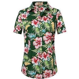 SSLR Hawaiiaanse shirts voor dames, blouses met korte mouwen, casual overhemden met knopen voor vrouwen, Bos Groen, XL