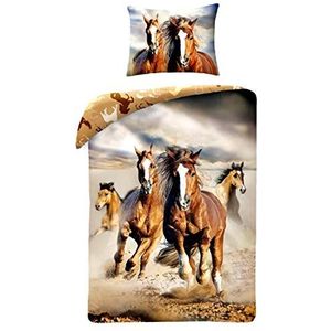 Horse Riding - Beddengoedset, motief: Paard, bruin, voor eenpersoonsbed 140 x 200 cm, 100% katoen, beddengoed
