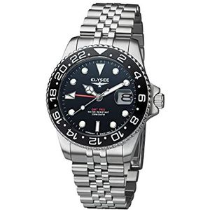 Elysee Herenhorloge GMT PRO 40 mm roestvrij staal 20 ATM saffierglas heren tweede tijdzone, geschroefde kroon, lichtgevende wijzers, datumweergave, zilver-zwart, armband