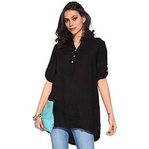 Bonateks Tuniek Top voor dames, 100% linnen, Made in Italy, blouse met Tunesische kraag en lange mouwen, om vast te klikken, zwart, maat: L, Zwart, L