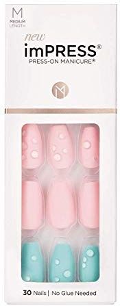 KISS imPRESS Press-on manicure, dauwdruppel, middellange vierkante lengte, met PureFit-technologie, inclusief voorbereidingspad, minivijl, nagelriemstick en 30 nepnagels