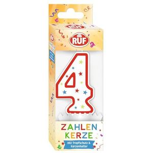 RUF cijferkaars nummer 4, rode verjaardagskaars met kleurrijke sterretjes, hoogwaardige jubileumkaars met druppelbescherming, ideaal als taartdecoratie, 1 stuk