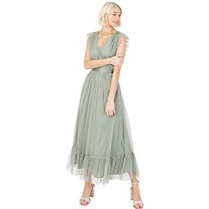 Anaya with Love Dames Maxi Jurk V-hals Mouwloze Frilly voor Bruiloft Gast Bruidsmeisje Prom Lange Hoge Empire Taille Gelaagd, Frosted Groen, 44