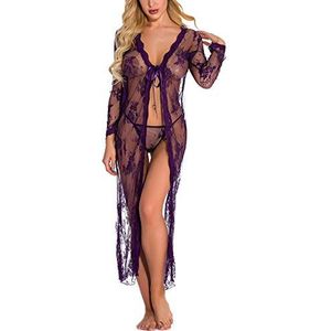 Sykooria sexy lingerie dames v-hals doorschijnende kanten kimono lingerie nachthemd ondergoed sexy set negligé nachtkleding jurk met string