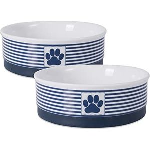 Bone Dry Paw Patch & Stripes Keramische Pet Bowl & Canister Collection, Medium Bowl Set - 6 x 6 x 2, Nautisch Blauw, 2-delig