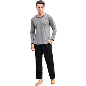 Sykooria Lange herenpyjama met manchetten van katoen, tweedelige pyjama voor heren, lange mouwen, shirt en pyjamabroek, 523, zwart, XL