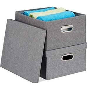 Relaxdays opbergdoos met deksel - opbergbox - opvouwbaar - 2 stuks - bewaardoos - 25 liter - grijs