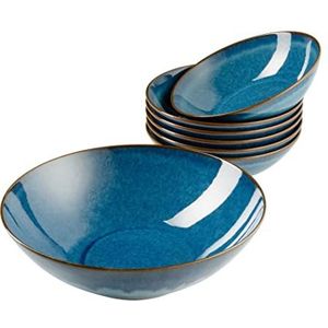MÄSER 931947 Serie Ossia 7-delige bowl-set van keramiek, 1 kom groot en 6 schalen voor salade, muesli, soep of pasta, met vintage glazuur in blauw, aardewerk, koningsblauw