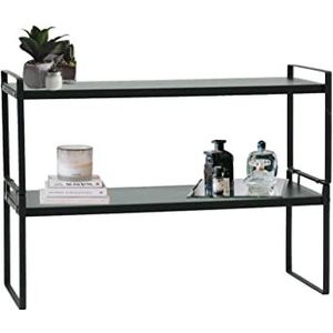 Mini-rek, multifunctioneel, 2 planken, bureau, zwart, voor opslag, praktische planken, decoratie (50 x 20 x 35)