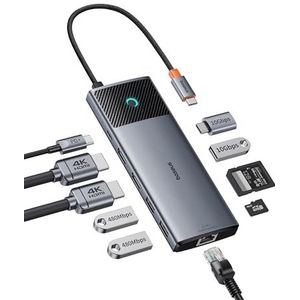 Baseus Docking Station USB C 2 Display, 10 Gbps 10 in 1 Docking Station met 2 HDMI Single 4K @120Hz, Dual 4K @ 60Hz, 10 Gbps USB-A en USB-C, Gigabit Ethernet en PD 100 W voor Mac/Dell/HP/Lenovo