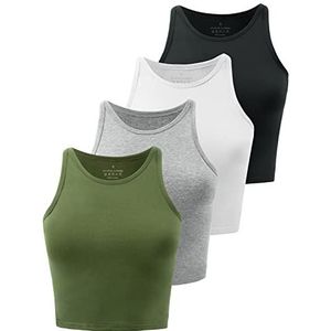 Kole Meego Crop Tops voor Vrouwen Workout Cropped Tank Top Hoge Hals Hemdje Yoga Shirts Atletische Ondershirts 4 Pack, Zwart/Wit/Grijs/Olijf, M