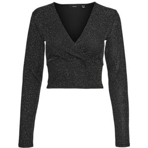 VERO MODA VMKANVA LS Glitter Short V-hals TOP JRS, Zwart/Detail: zilver Lurex, M