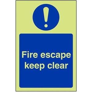 VSafety Glow In The Dark Fire Escape Keep Clear Sign - Portret - 100mm x 150mm - Zelfklevende vinyl