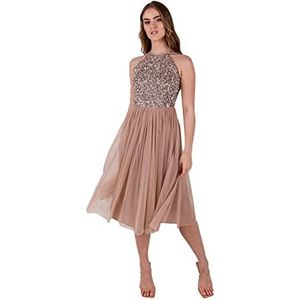 Maya Deluxe Maya DeluxeTaupe Versierde Halter Neck Midi Jurk Bruidsmeisje, Taupe Blush, 16