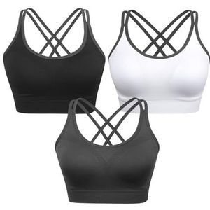 Sportbeha met bandjes voor dames, gekruiste rug, tops voor hardlopen, fitness, afneembare, gewatteerde work-out, yoga-bh's, 3 stuks (zwart+wit+grijs), M
