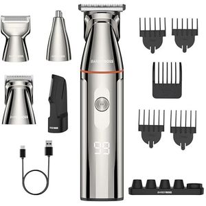 BarberBoss 5-in-1 verzorgingsset voor mannen, baardtrimmer voor mannen, waterdichte tondeuse met neustrimmer, bodygroomer, USB-C-opladen en led-display
