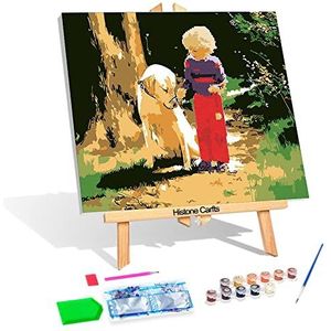 Diamond Painting & Painting by Numbers, 2 in 1 set motief jongen met hond, knutselset om te schilderen met acrylverf en glittersteentjes voor kinderen vanaf 8 jaar