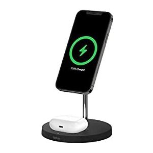 Belkin 2-in-1 draadloze lader met MagSafe, (15W-snellader, iPhone-lader, Standaard voor iPhone 15,14,13,12-serie, Airpods en andere MagSafe-apparaten, voedingsadapter meegeleverd) - Zwart