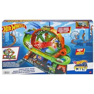 Hot Wheels HKX46 City trackset met 1 Hot Wheels auto, door kind geactiveerd reuzenrad met kerklichten en -geluiden, reuzenrad speelset