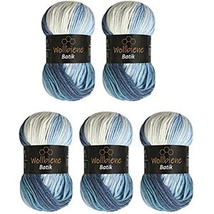 5 x 100 g wolbijen Batik 500 gram wol met kleurverloop meerkleurige breiwol haakwol (5500 blauw-wit)