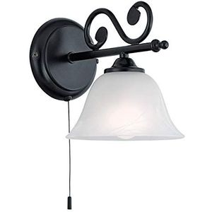 Eglo Wandlamp Murcia, 1-vlammige wandlamp vintage, rustiek, wandlamp binnen, staal, albastglas, woonkamerlamp, hallamp zwart, wit, lamp met trekschake