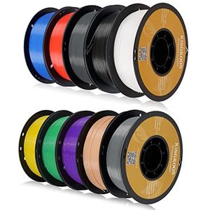 Kingroon PLA 3D-printergloeidraad, 10 rollen, dimensionale nauwkeurigheid +/- 0,03 mm, 10 kg spoel (23 pond), 1,75 mm, zwart wit grijs rood blauw groen paars huid zilver geel